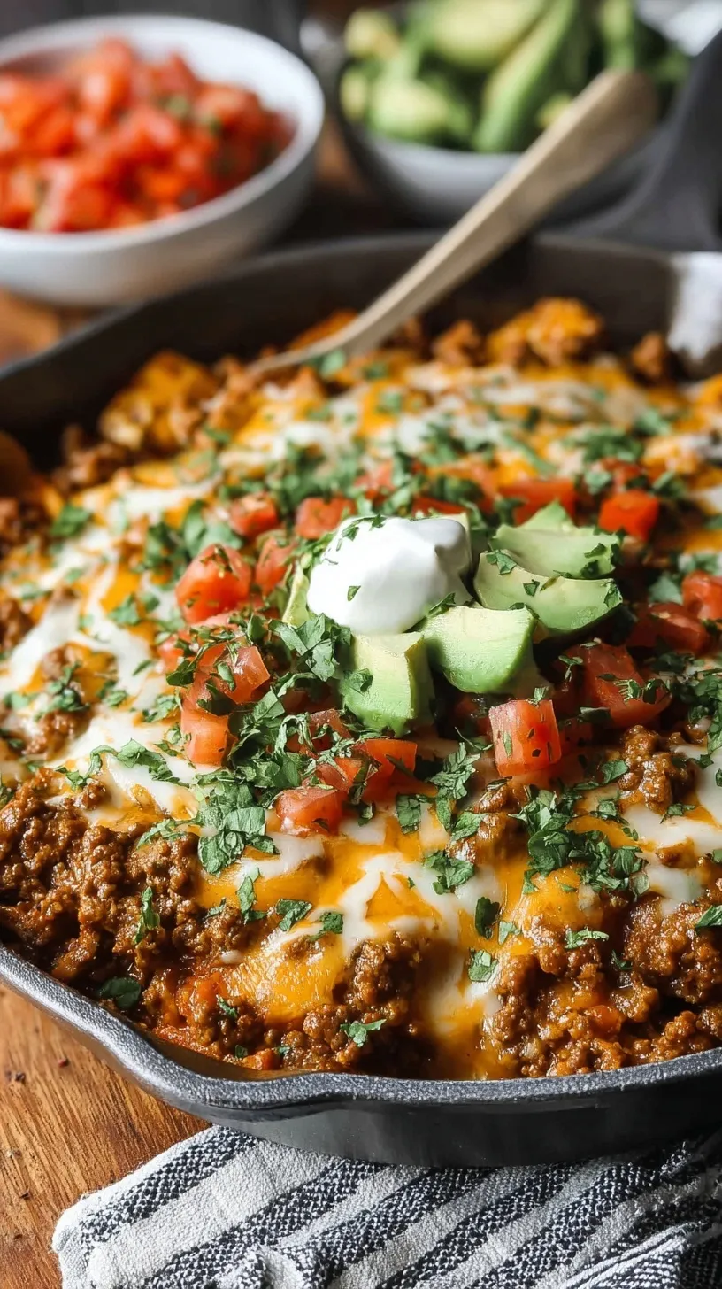 A bubbling skillet of cheesy ground beef enchiladas with corn tortillas and cilantro