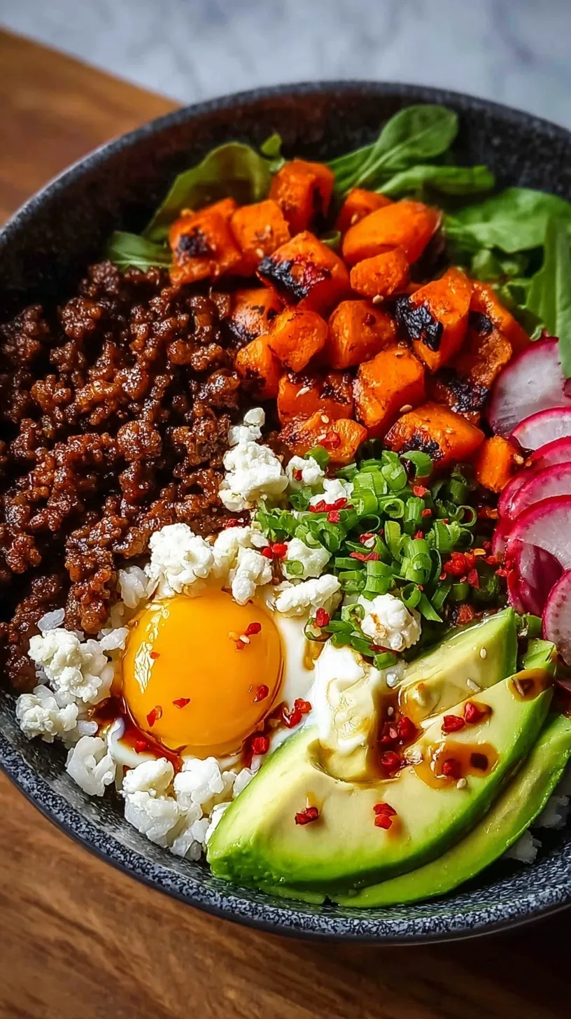 A bowl filled with white rice, glazed ground beef, steamed broccoli, and sesame seeds.