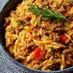 A steaming skillet of savory ground beef orzo with golden toasted pasta and fresh herbs