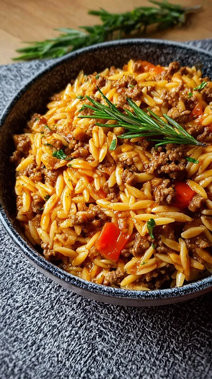A steaming skillet of savory ground beef orzo with golden toasted pasta and fresh herbs