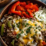 A savory ground beef philly cheesesteak bowl with melted cheese and peppers