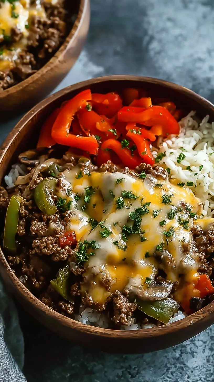 A savory ground beef philly cheesesteak bowl with melted cheese and peppers