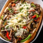 Four meal prep containers filled with ground beef, sautéed peppers, onions, and melted provolone cheese.