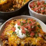 A golden brown ground chicken taco casserole topped with melted cheese and crunchy tortilla chips in a baking dish.