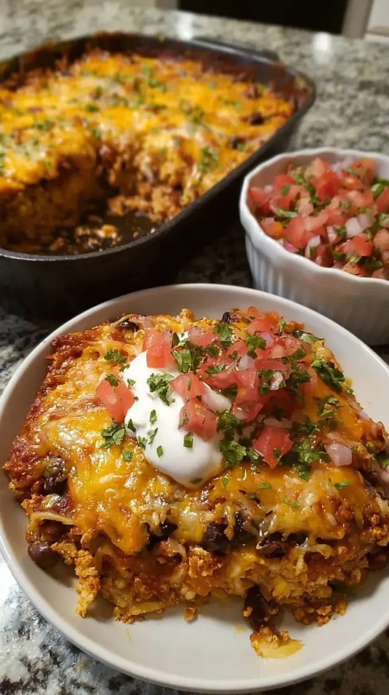 A golden brown ground chicken taco casserole topped with melted cheese and crunchy tortilla chips in a baking dish.