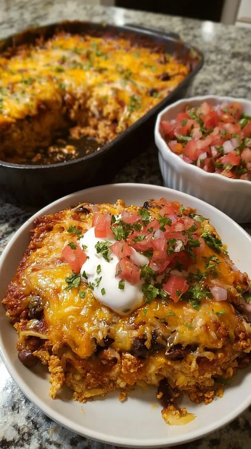 A golden brown ground chicken taco casserole topped with melted cheese and crunchy tortilla chips in a baking dish.