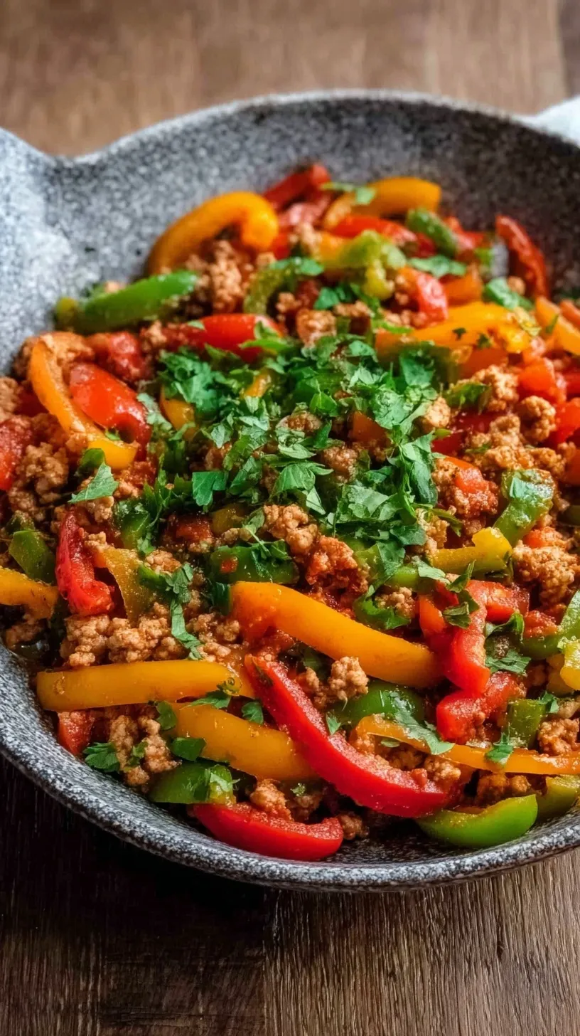 A colorful skillet filled with browned ground turkey and sliced red, yellow, and green bell peppers.