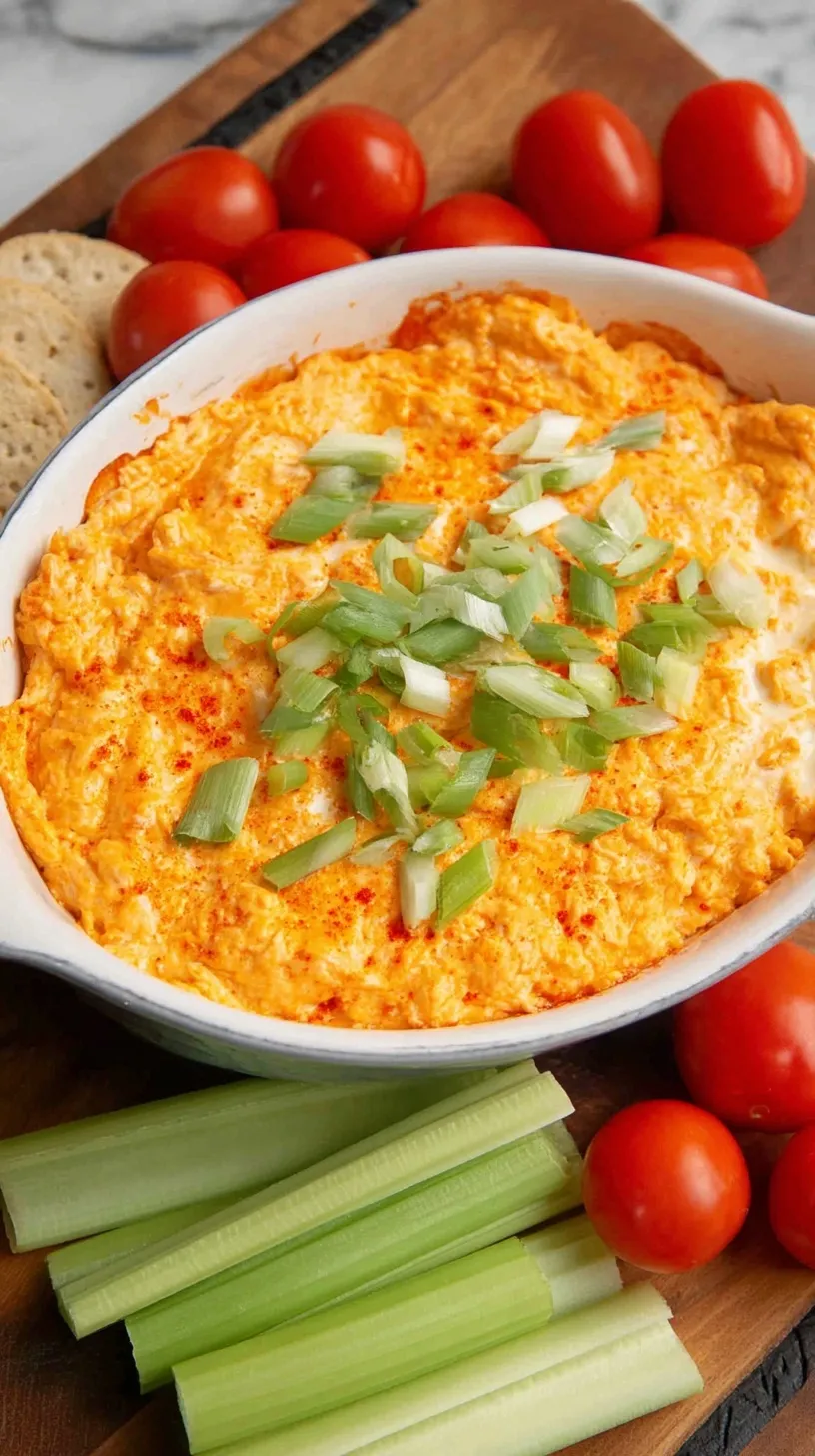 A bubbling dish of healthy buffalo chicken dip topped with melted mozzarella and fresh green onions.