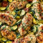 A colorful skillet filled with seared golden chicken cubes, green zucchini, and yellow squash slices.