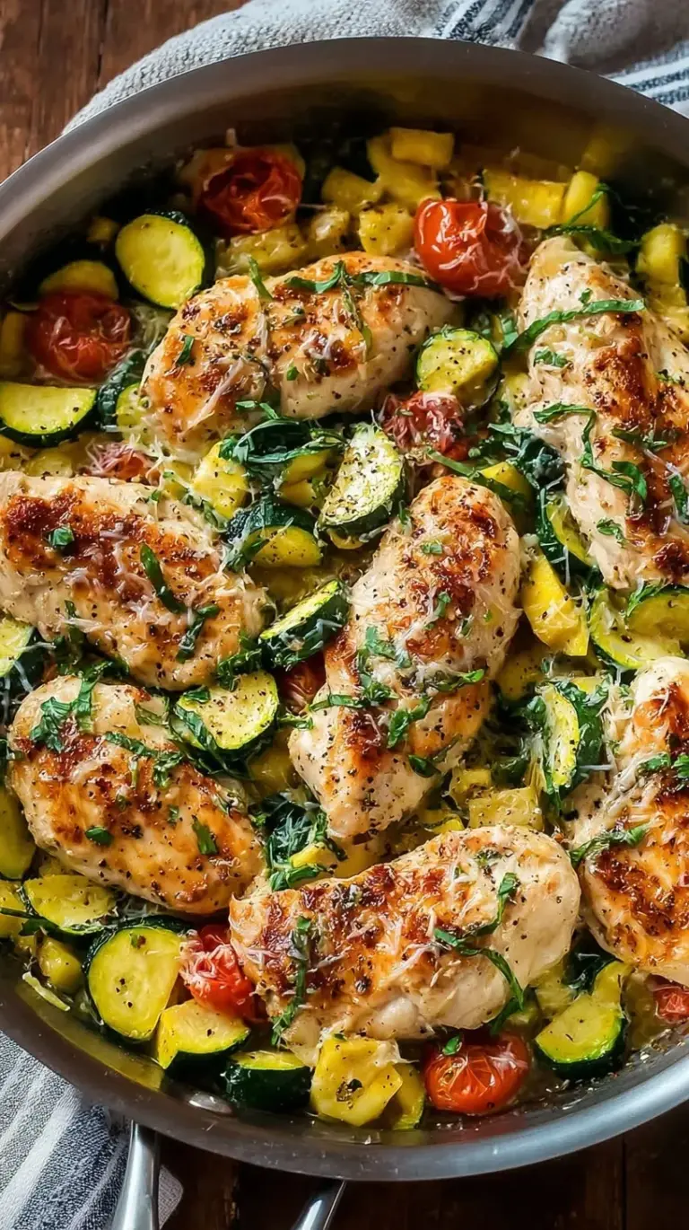 A colorful skillet filled with seared golden chicken cubes, green zucchini, and yellow squash slices.