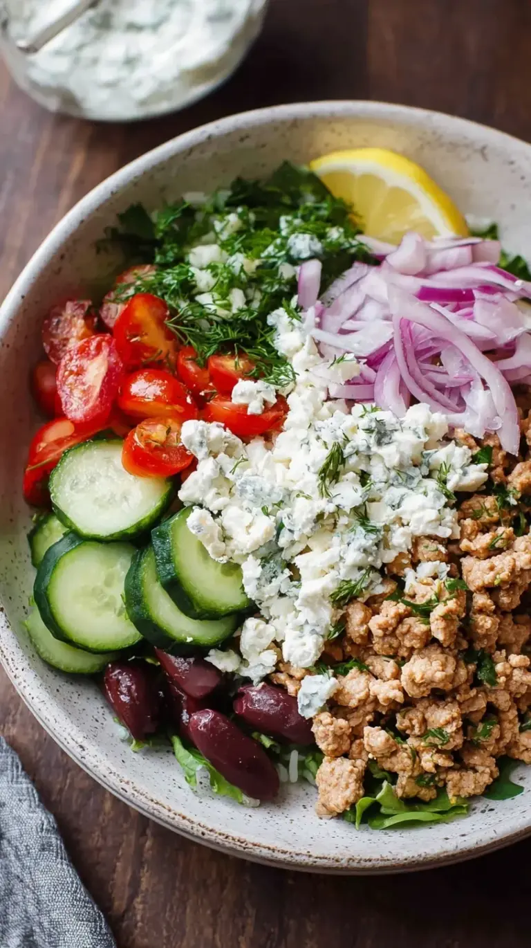 A vibrant meal prep bowl with seasoned ground chicken, quinoa, fresh cucumber salad, and creamy lemon yogurt sauce.