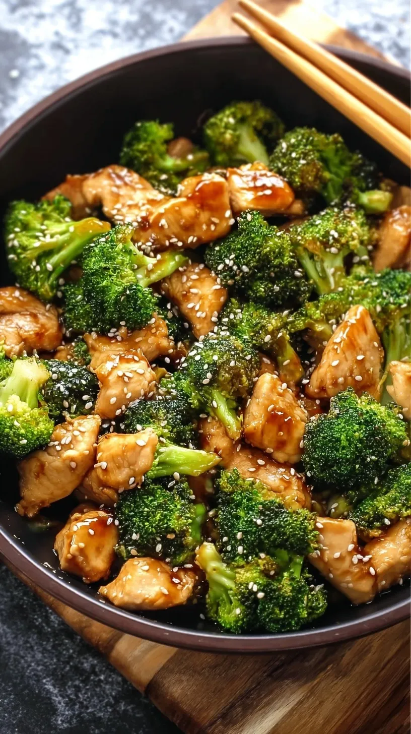 A vibrant skillet of seared chicken breast and bright green broccoli florets in a glossy soy-ginger sauce.