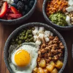 A row of four glass meal prep containers filled with roasted sweet potatoes, ground turkey, scrambled eggs, and fresh spinach.