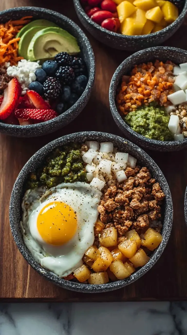 A row of four glass meal prep containers filled with roasted sweet potatoes, ground turkey, scrambled eggs, and fresh spinach.