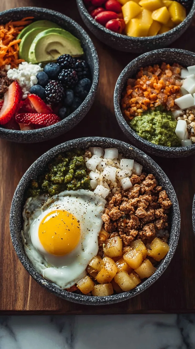 A row of four glass meal prep containers filled with roasted sweet potatoes, ground turkey, scrambled eggs, and fresh spinach.