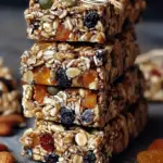 A stack of healthy no bake granola bars with dark chocolate chips on a parchment paper lined tray.
