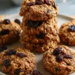 A stack of golden brown oatmeal raisin protein cookies on a wire cooling rack.