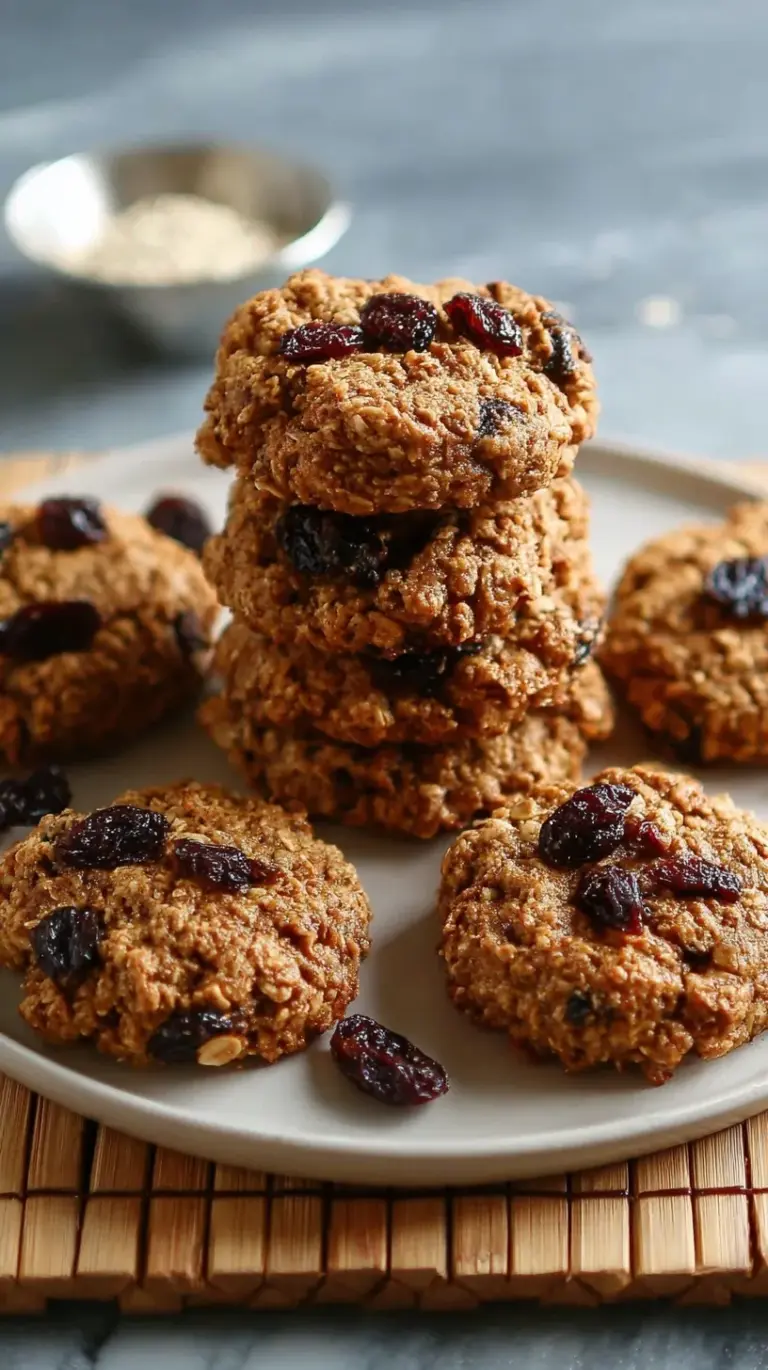 A stack of golden brown oatmeal raisin protein cookies on a wire cooling rack.