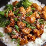 A bowl of healthy sesame chicken with steamed broccoli and green onions over rice