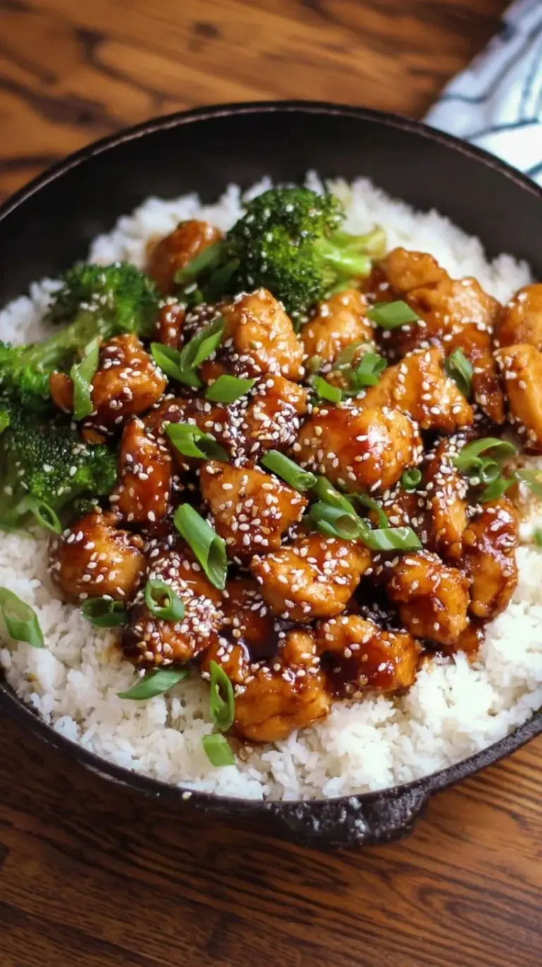 A bowl of healthy sesame chicken with steamed broccoli and green onions over rice