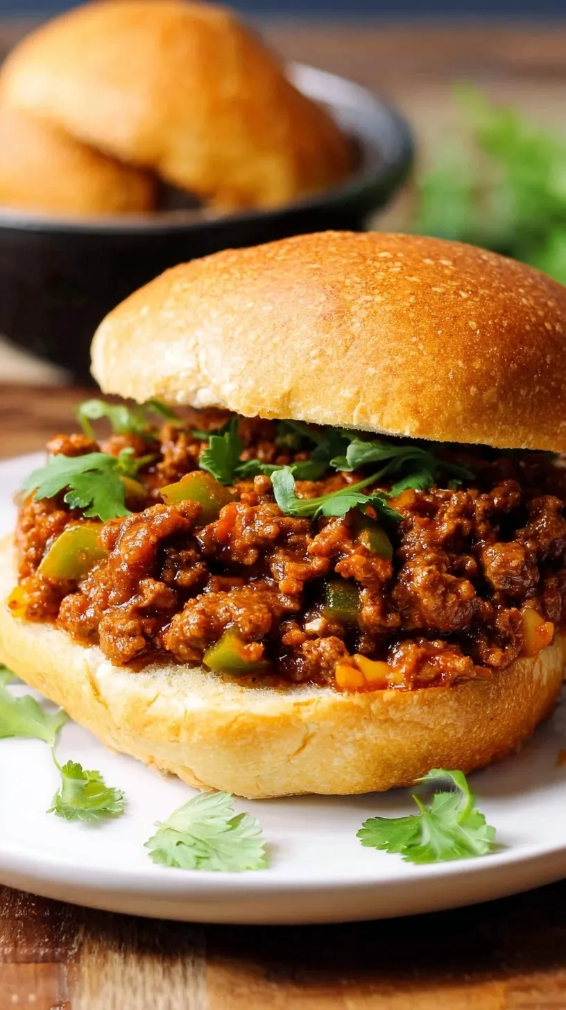 A healthy sloppy joe on a toasted whole wheat bun with green bell peppers and onions visible in the sauce.