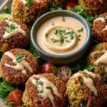 Golden baked falafel patties on a baking sheet with fresh herbs and a side of tahini sauce.