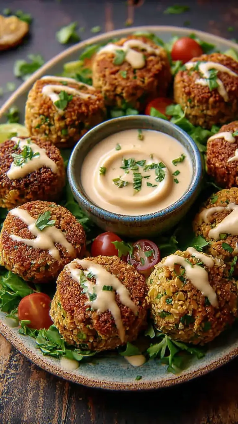 Golden baked falafel patties on a baking sheet with fresh herbs and a side of tahini sauce.