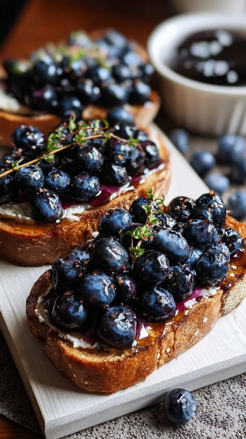 Two slices of sprouted grain toast topped with creamy whipped cottage cheese and balsamic macerated blueberries.