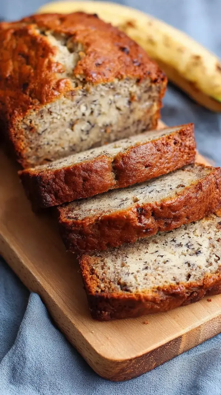 A sliced loaf of golden brown high protein banana bread on a wire cooling rack