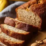A sliced loaf of high protein banana bread on a wire cooling rack