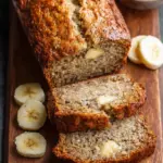 A sliced loaf of moist high protein banana bread on a wooden cutting board with a side of Greek yogurt.