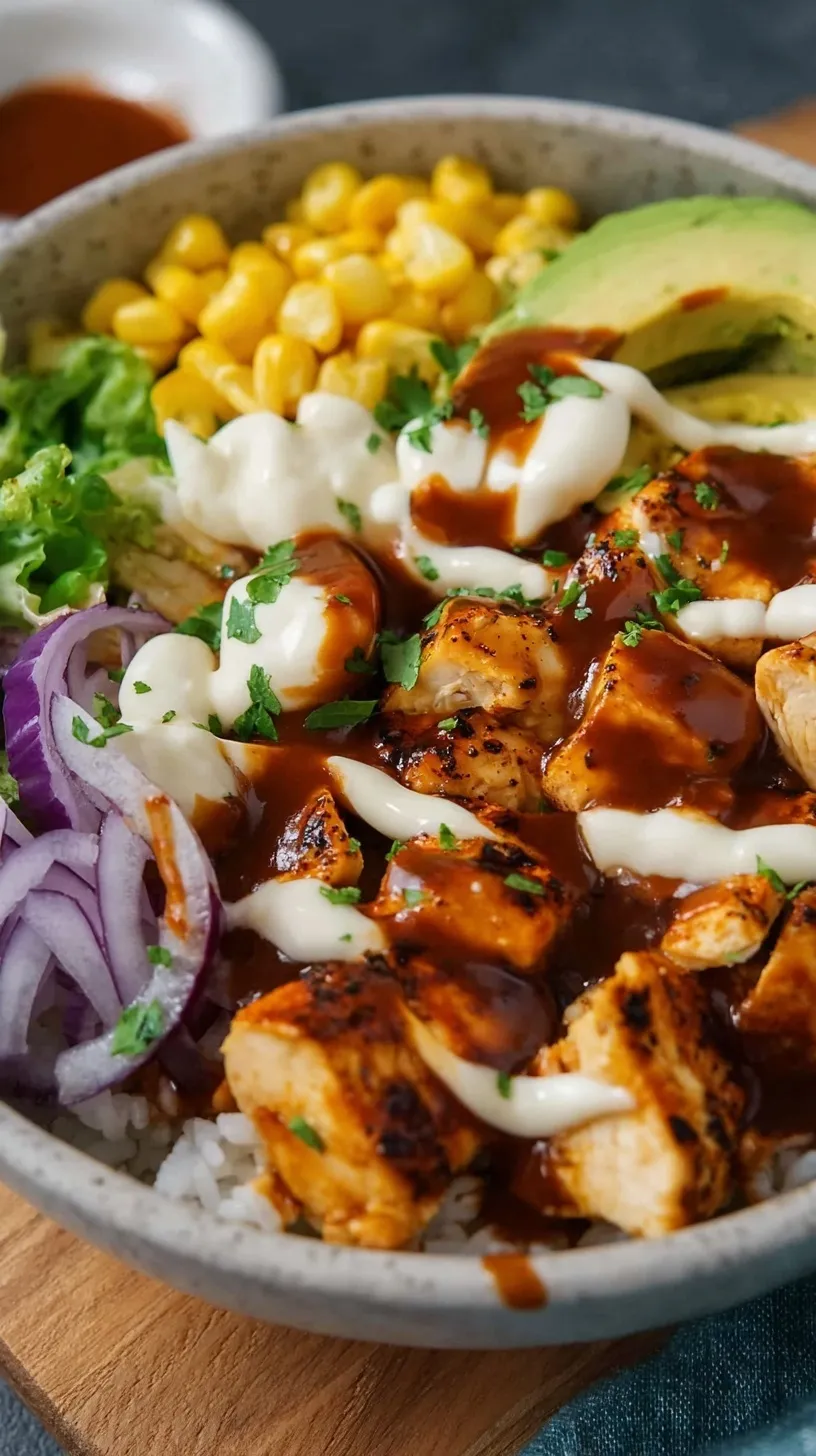 A colorful high protein BBQ chicken bowl with brown rice, black beans, corn, and creamy dressing.