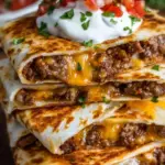 Golden brown toasted whole wheat quesadilla filled with beef and melted cheese on a wooden board
