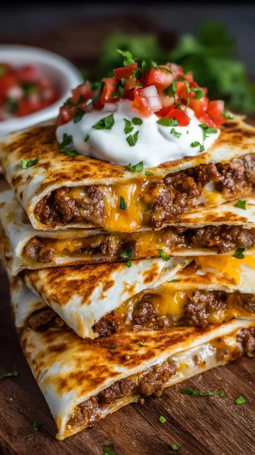 Golden brown toasted whole wheat quesadilla filled with beef and melted cheese on a wooden board