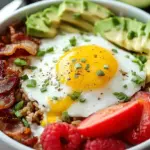 A colorful high protein breakfast bowl with scrambled eggs, black beans, turkey sausage, and avocado.