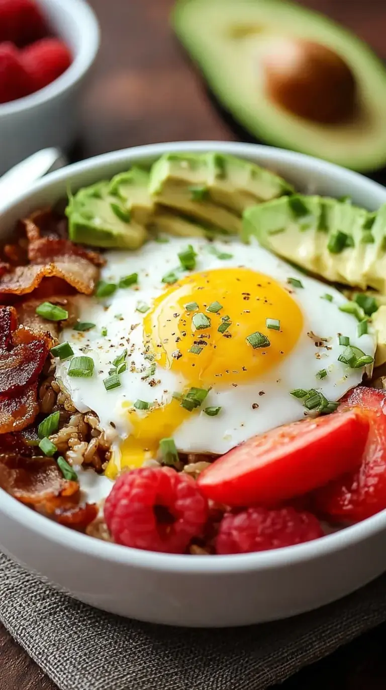 A colorful high protein breakfast bowl with scrambled eggs, black beans, turkey sausage, and avocado.