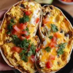 A golden toasted high protein breakfast burrito sliced in half showing fluffy eggs and turkey sausage