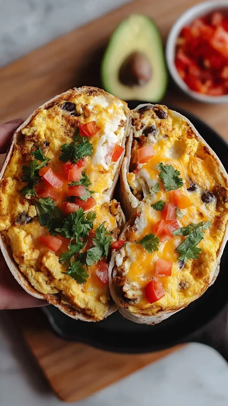 A golden toasted high protein breakfast burrito sliced in half showing fluffy eggs and turkey sausage