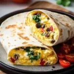 A golden brown high-protein breakfast burrito sliced in half showing eggs, sausage, and beans