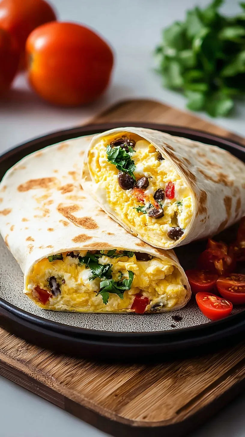A golden brown high-protein breakfast burrito sliced in half showing eggs, sausage, and beans