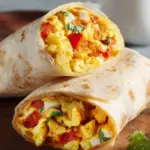 A stack of warm high-protein breakfast burritos wrapped in parchment paper