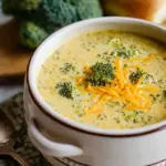 A bowl of creamy broccoli cheddar soup with chunks of chicken and melted cheese