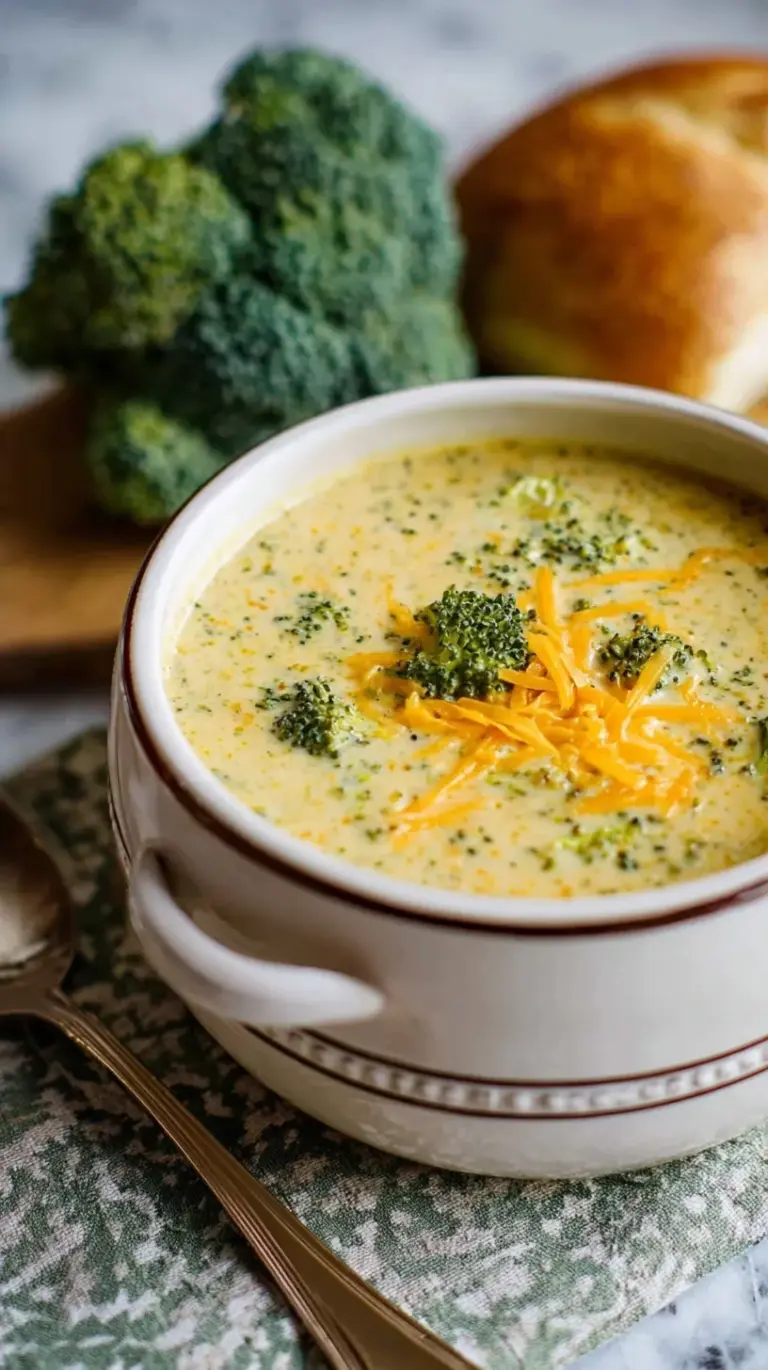 A bowl of creamy broccoli cheddar soup with chunks of chicken and melted cheese