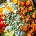 A meal prep container filled with shredded buffalo chicken, quinoa, cauliflower rice, and roasted broccoli.