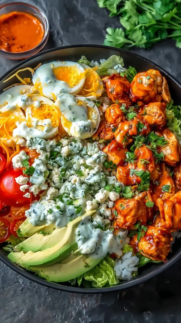 A meal prep container filled with shredded buffalo chicken, quinoa, cauliflower rice, and roasted broccoli.