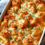 A bubbling buffalo chicken cauliflower casserole topped with melted mozzarella and green onions in a baking dish.