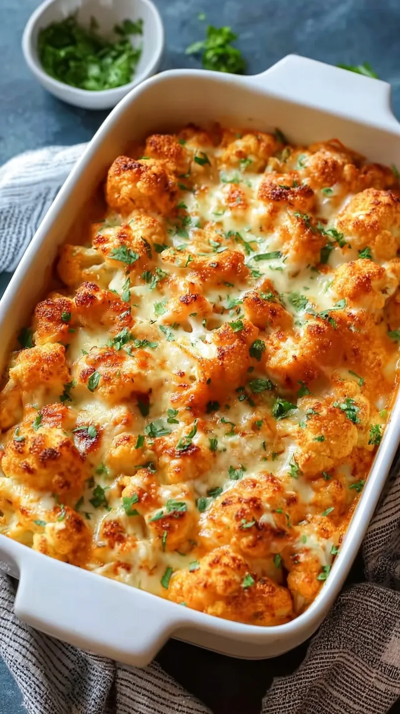 A bubbling buffalo chicken cauliflower casserole topped with melted mozzarella and green onions in a baking dish.
