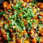 A bubbling skillet of butternut squash and black bean enchiladas topped with melted cheese and fresh cilantro.