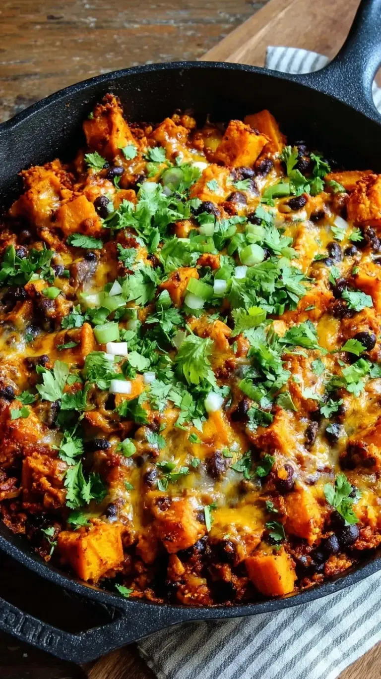 A bubbling skillet of butternut squash and black bean enchiladas topped with melted cheese and fresh cilantro.