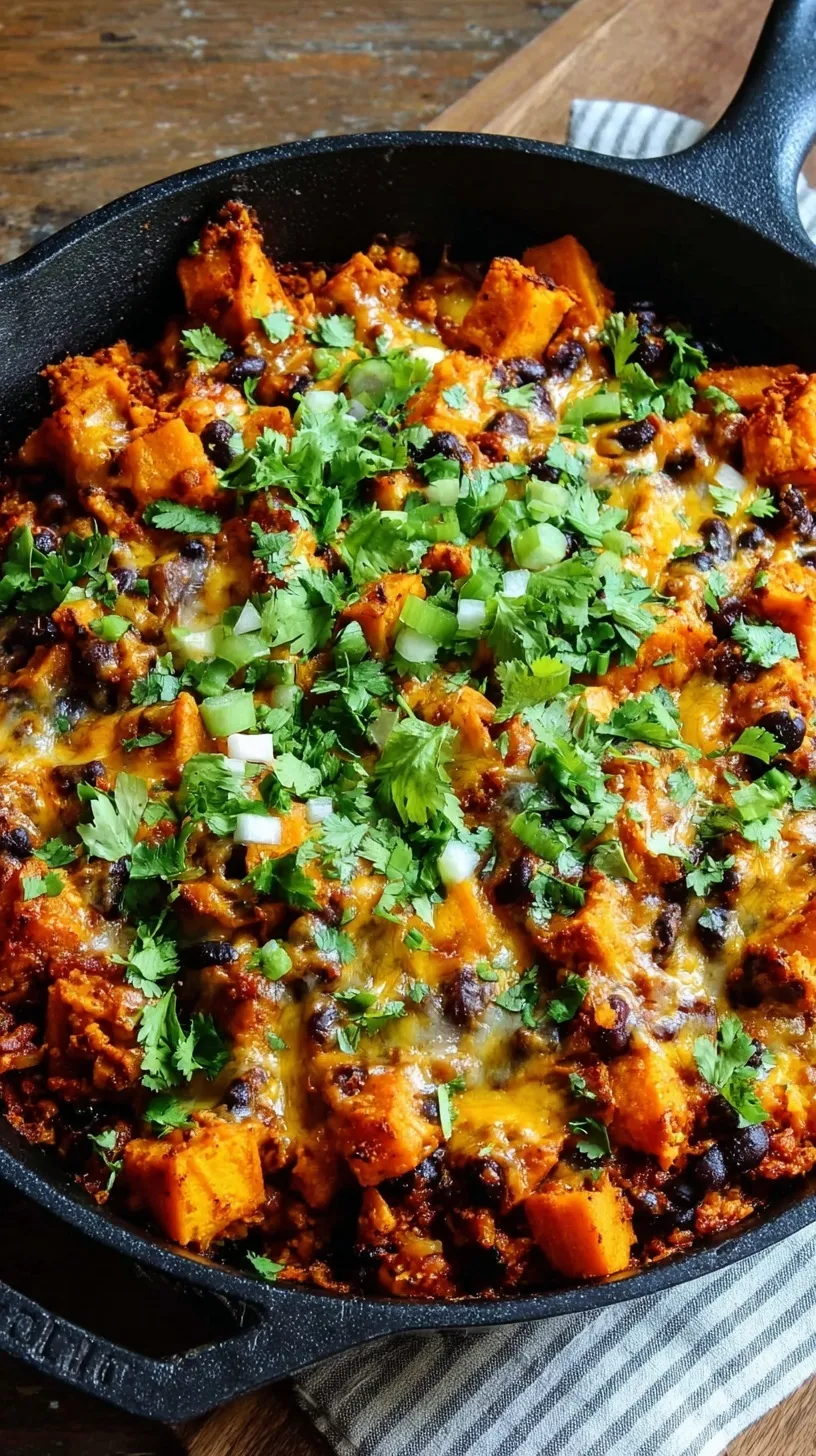 A bubbling skillet of butternut squash and black bean enchiladas topped with melted cheese and fresh cilantro.